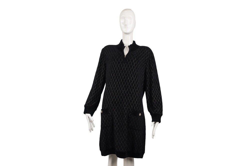Chanel Black Gold Quarter Zip Diamond Lattice Dress Metallic Lurex Knit Gold Har